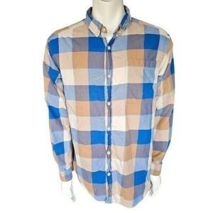 Columbia Mens L Button Down Shirt Plaid Long Sleeve Casual Cotton Blue Tan